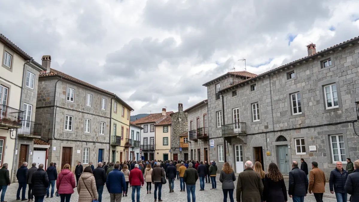 Imaxe xenérica de ceo nubrado sobre unha localidade galega con arquitectura de granito.