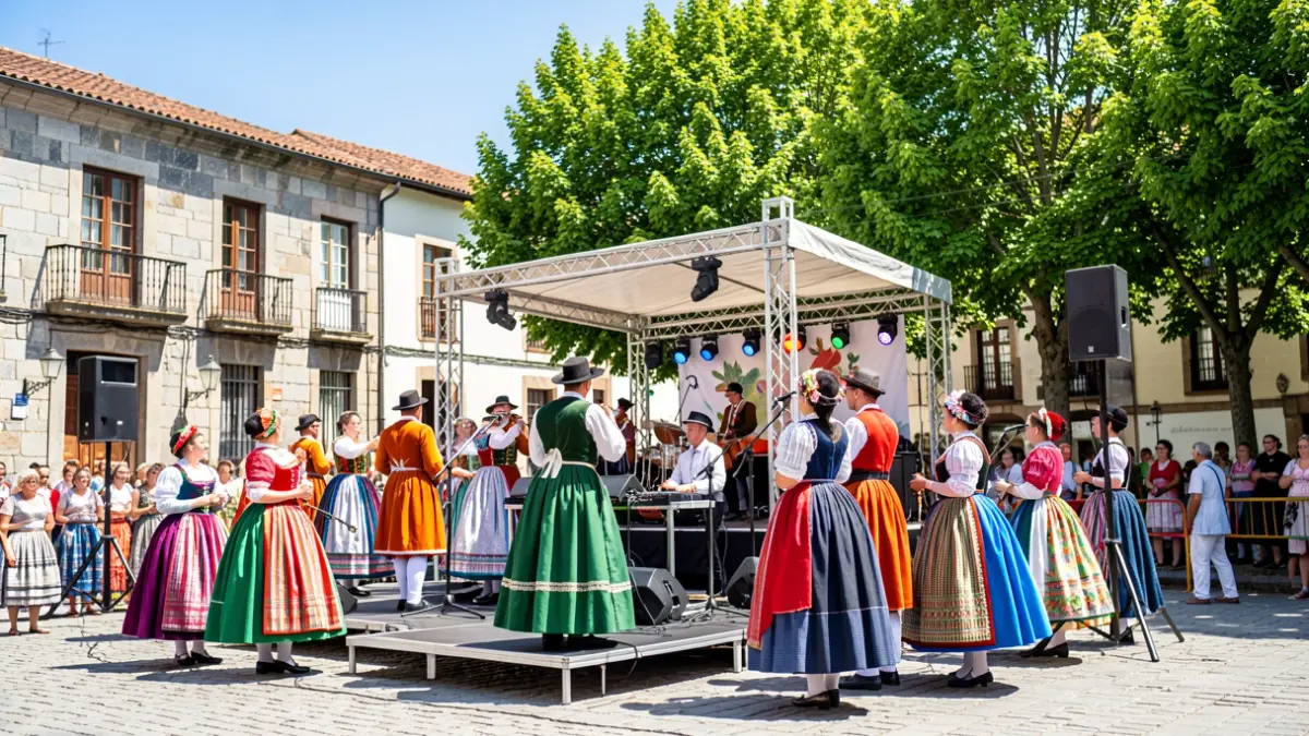 Imaxe dun escenario ao aire libre nunha praza galega con traxes tradicionais e arquitectura de granito.