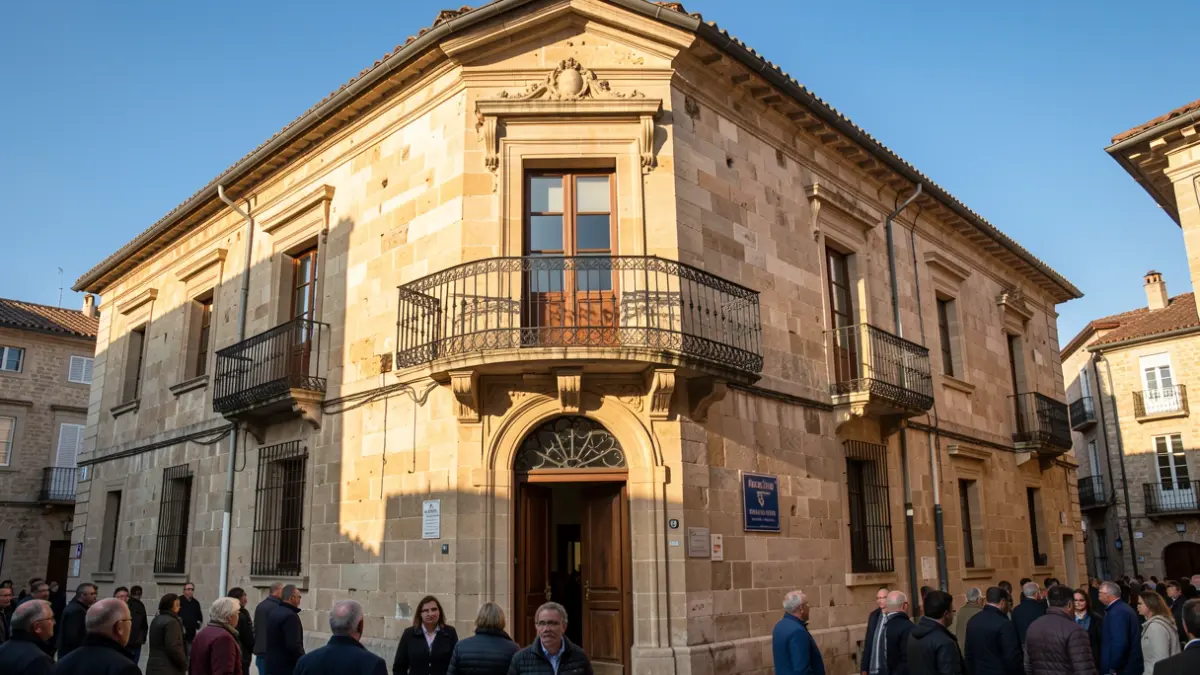 Imaxe dunha fachada de pedra tradicional galega nunha praza histórica.