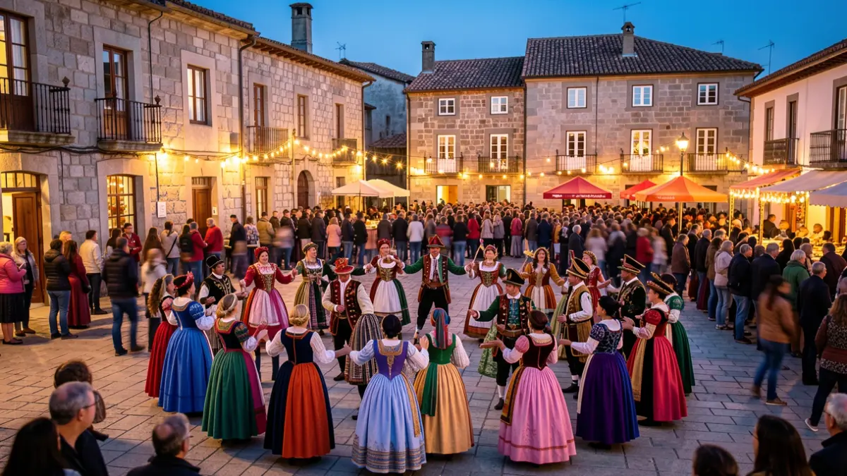 Imagen de un festival de folclore internacional en una plaza de Ourense con grupos de diversos continentes y público.