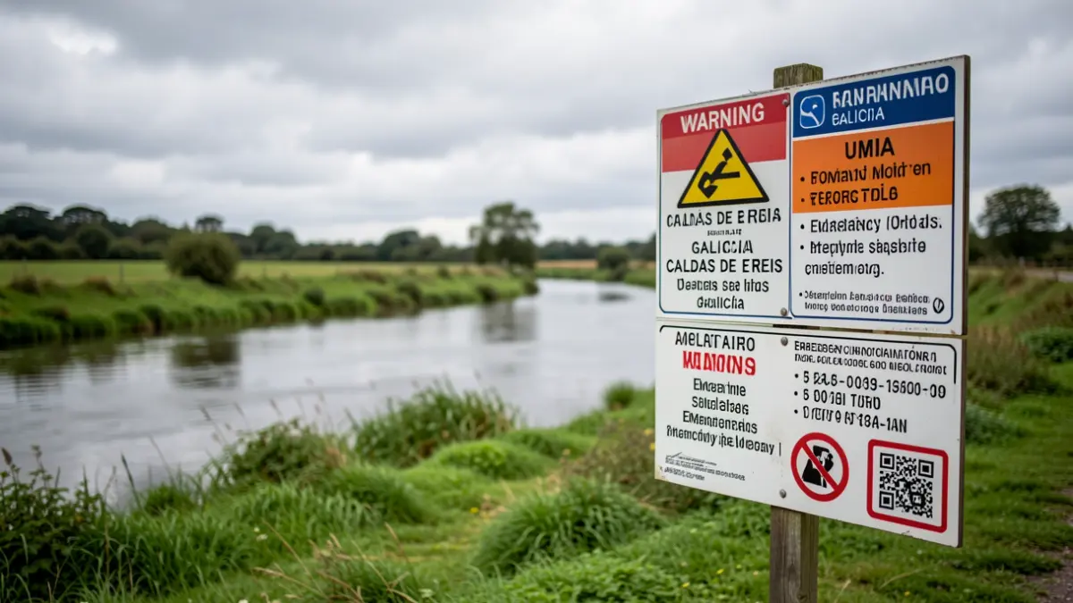 Paneles informativos sobre riesgo de inundación en la ribera del río Umia, en Caldas de Reis.
