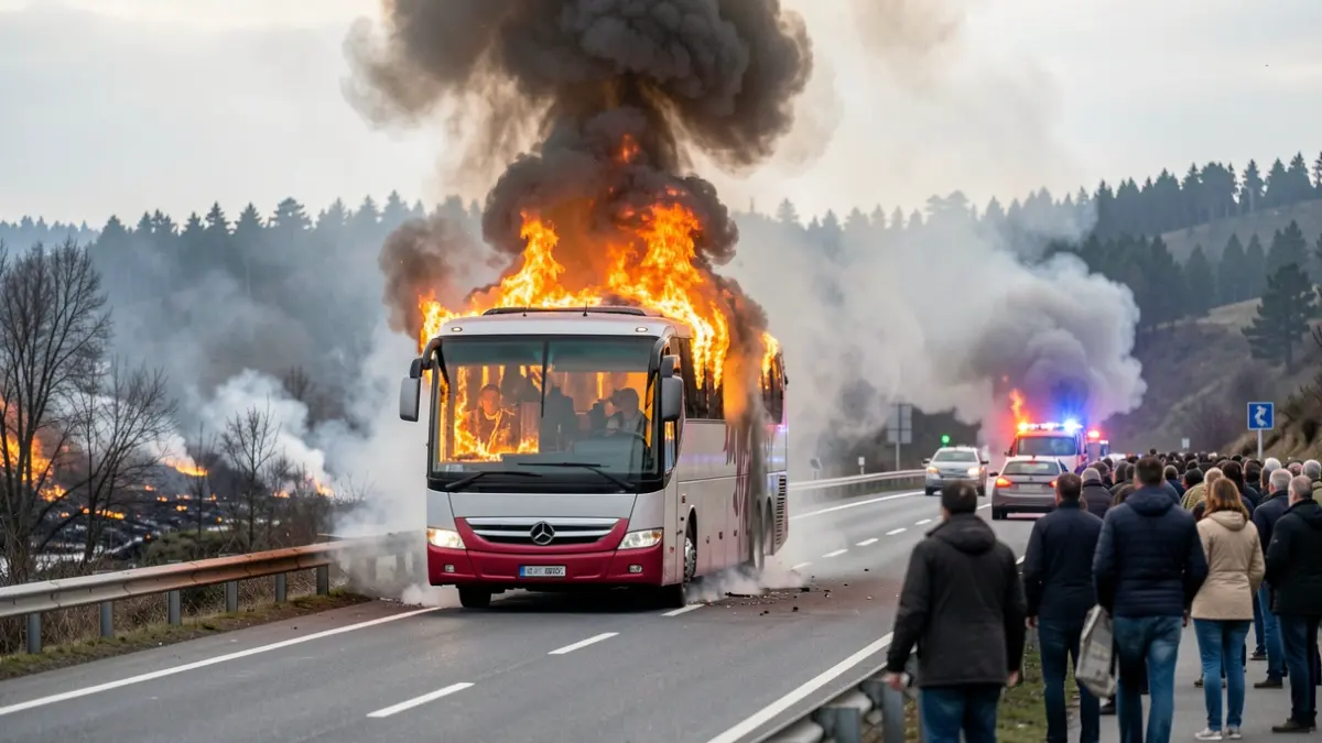 Imaxe dun autobús en chamas nunha estrada galega con fume ascendendo cara ao ceo e sinais dun incendio forestal próximo.