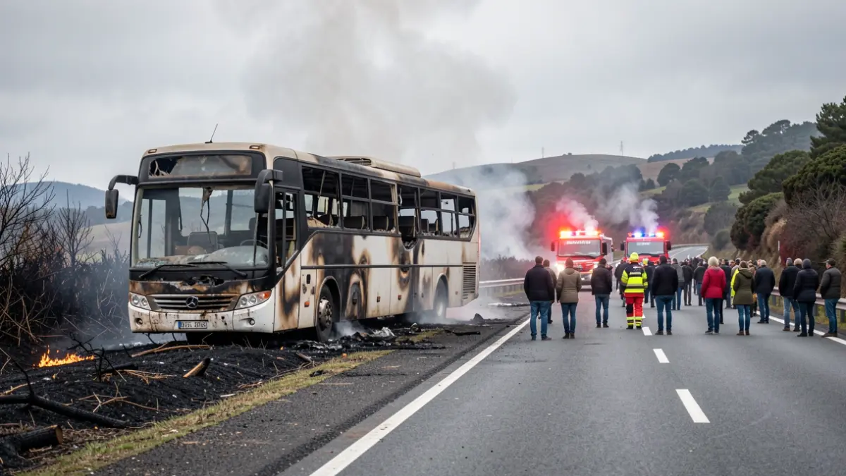 Imaxe dun autobús calcinado na AG-53 con fume e luces de emerxencia.
