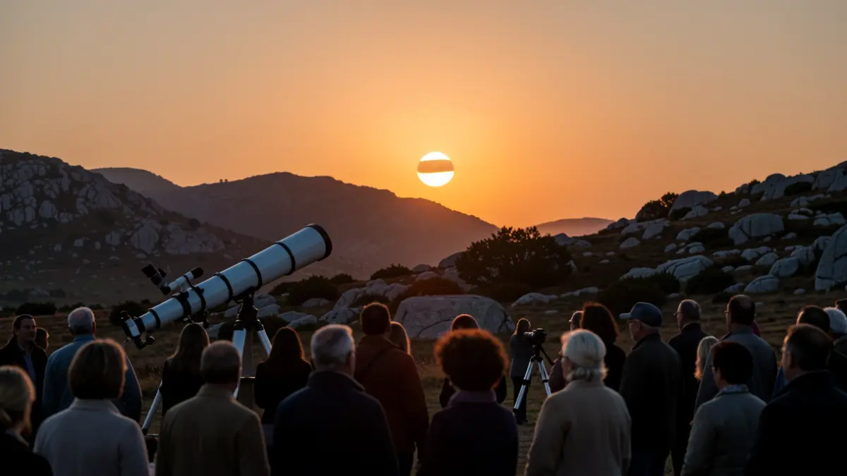 Personas observando un eclipse solar desde el Monte Faro de Budiño, O Porriño.