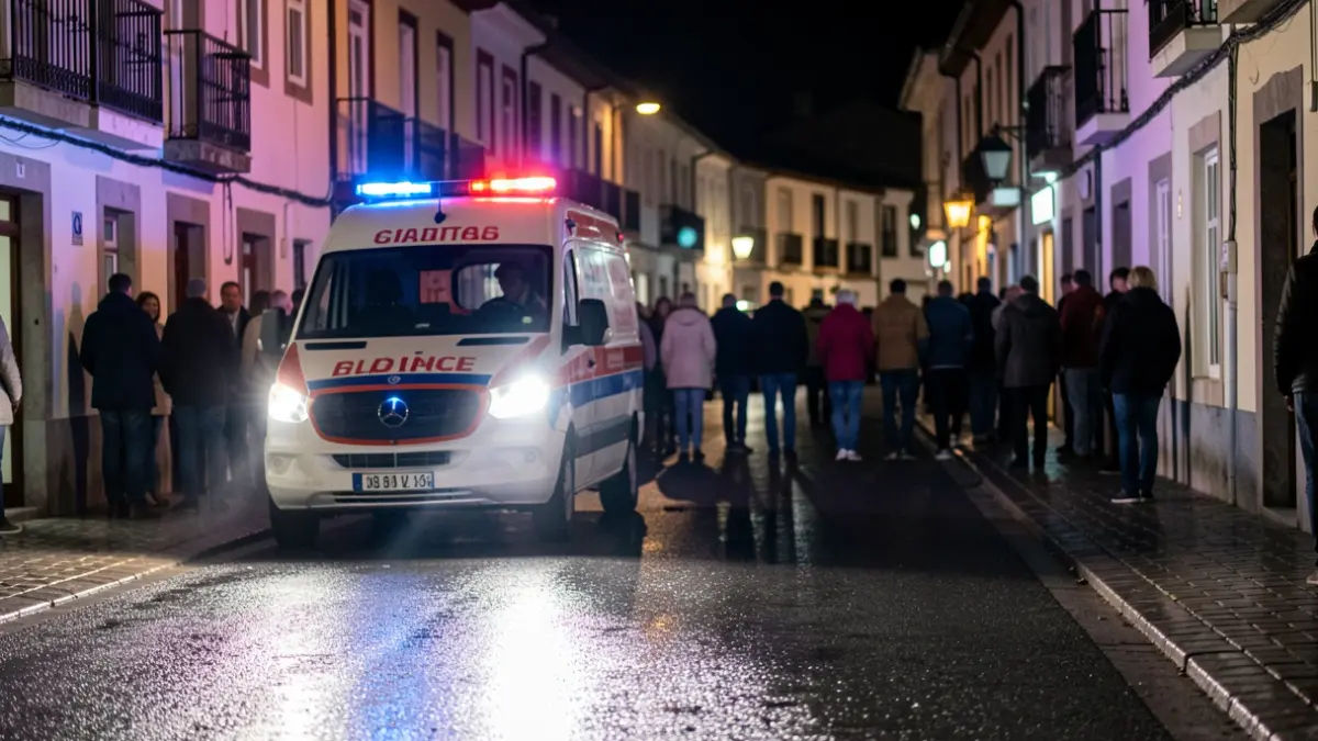 Imaxe xenérica de luces de emerxencia dunha ambulancia reflectidas no asfalto mollado pola noite.