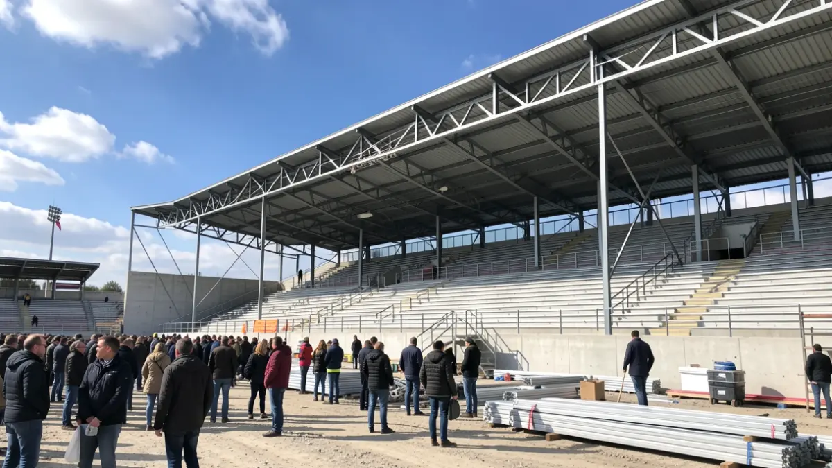 Imaxe dunha obra nun estadio de fútbol, coa montaxe da estrutura da cuberta.