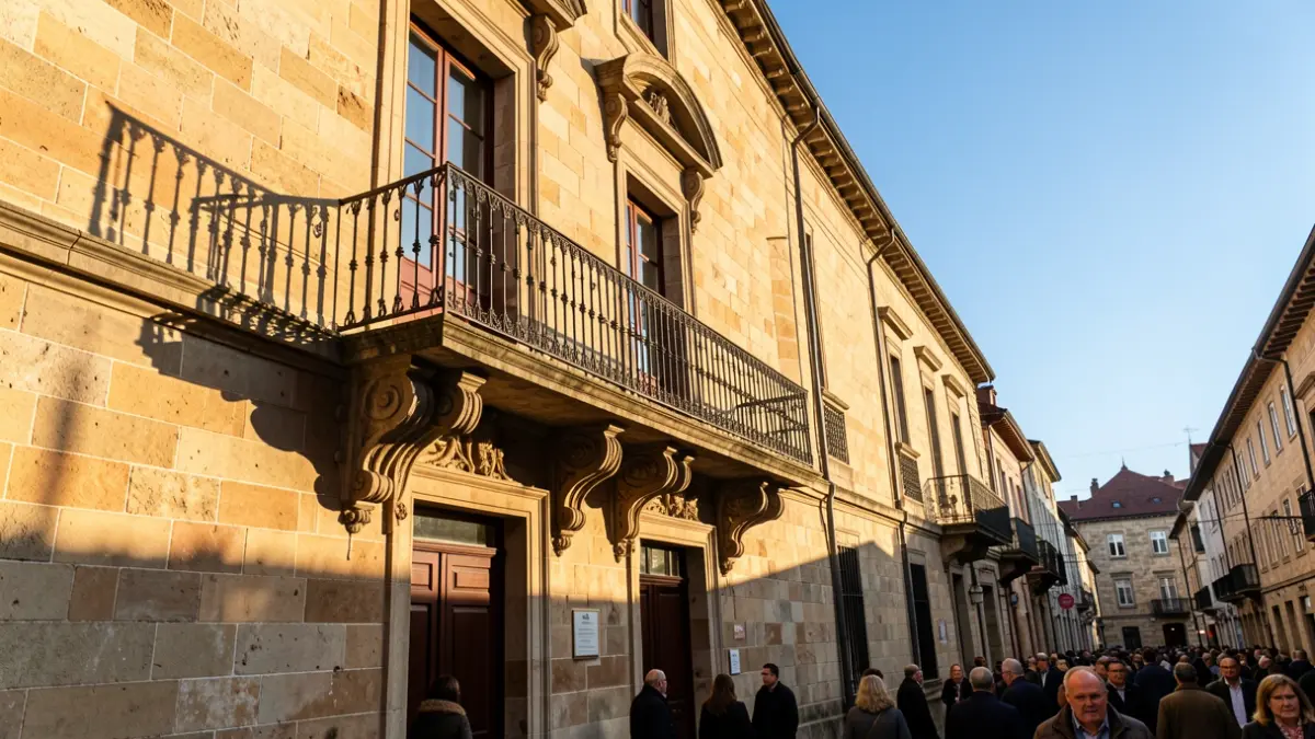 Imagen genérica de un ayuntamiento gallego de piedra con balcón ornamentado y barandillas de hierro, cálida luz solar de la tarde proyectando sombras en las paredes de arenisca, cielo azul, estilo fotográfico documental.
