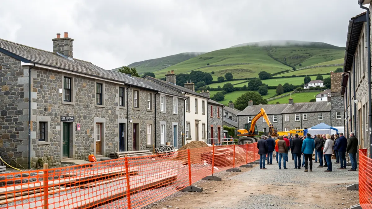 Imagen genérica de obras en una villa gallega con edificios de granito y equipamiento de construcción.