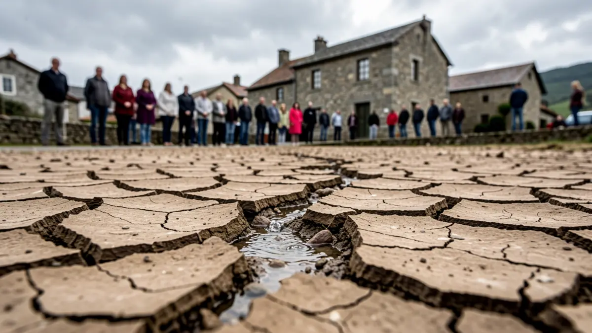 Imagen genérica de río seco con tierra agrietada y un único hilo de agua, simbolizando la sequía y la escasez de agua. Al fondo, una imagen borrosa de una pequeña aldea gallega con casas de granito bajo un cielo nublado.
