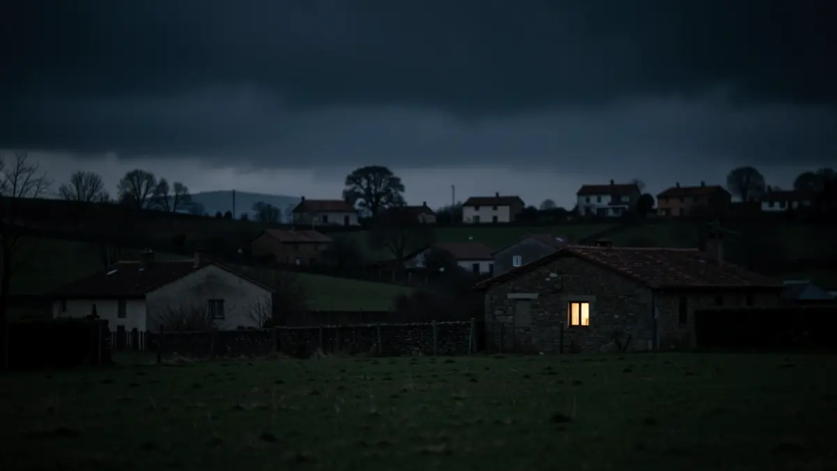 Imaxe xenérica dunha paisaxe rural galega con pouca luz e unha fiestra acesa.
