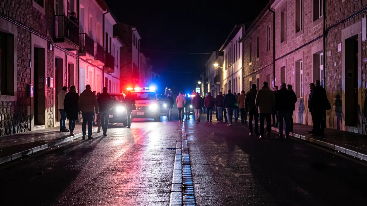 Imagen genérica de luces de emergencia azules y rojas reflejando en una calle mojada de Galicia por la noche.