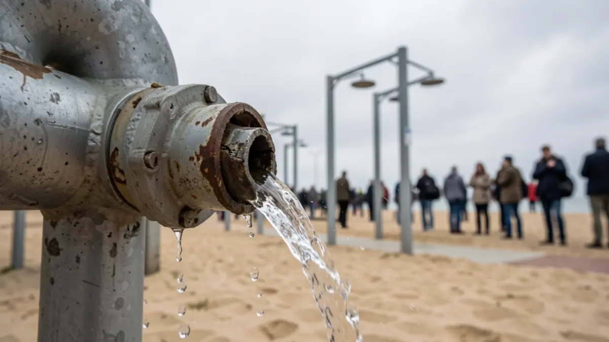 Imagen de una tubería rota con un chorro de agua en una playa.