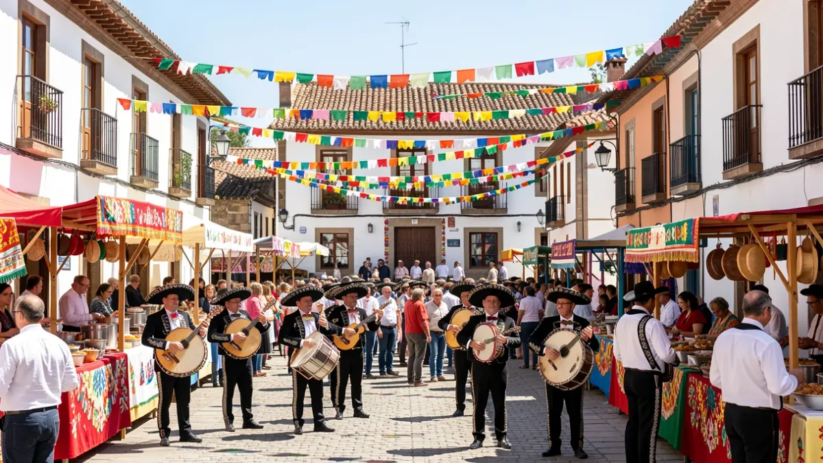 Imaxe dunha festa mexicana en Avión con música de mariachis e postos de comida.