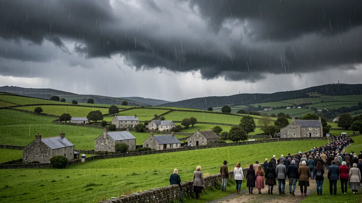 Imagen genérica de nubes de tormenta oscuras sobre un paisaje gallego con lluvia intensa.
