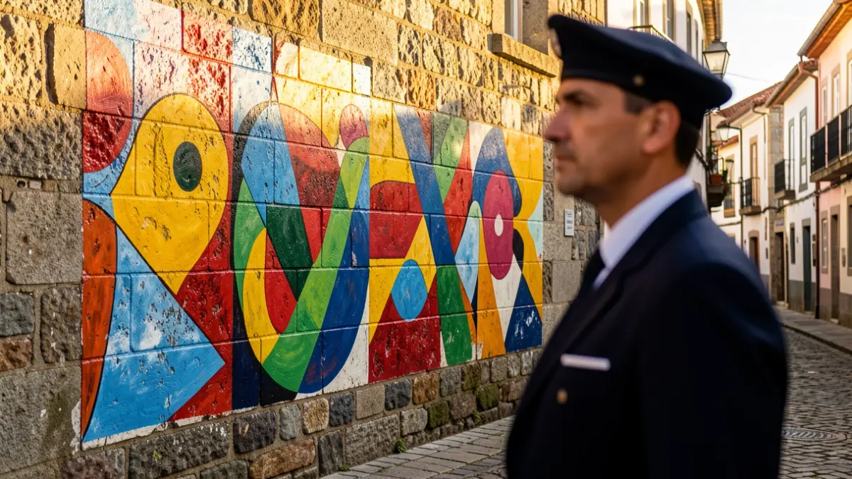 Imagen de un mural de arte urbano en una pared de piedra en Santiago de Compostela.