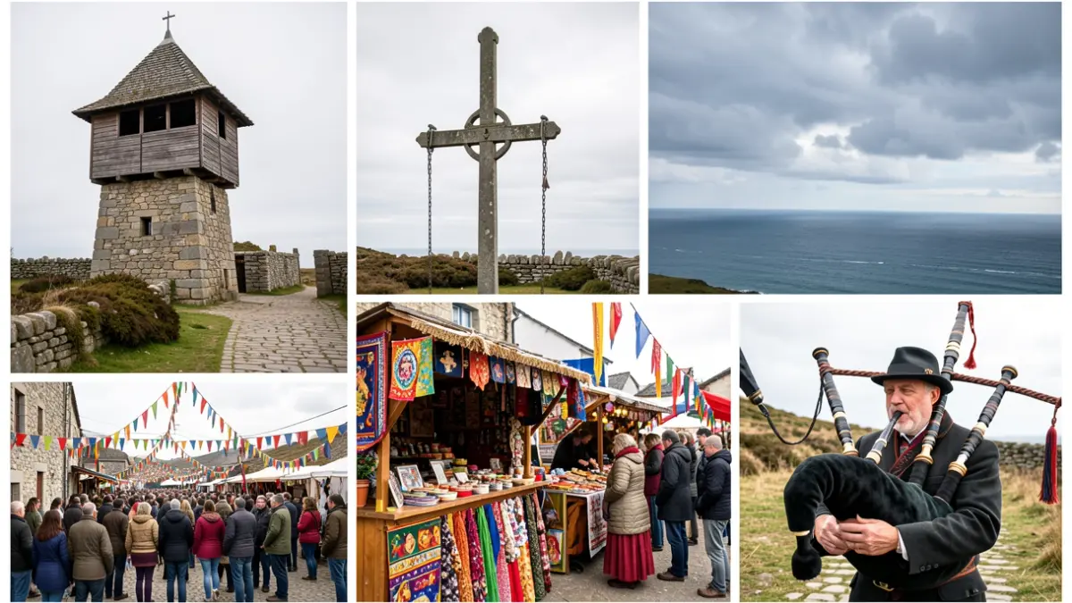 Imagen genérica de elementos culturales y festivos de Galicia: hórreo, cruceiro, mercado medieval, gaitero y costa atlántica.