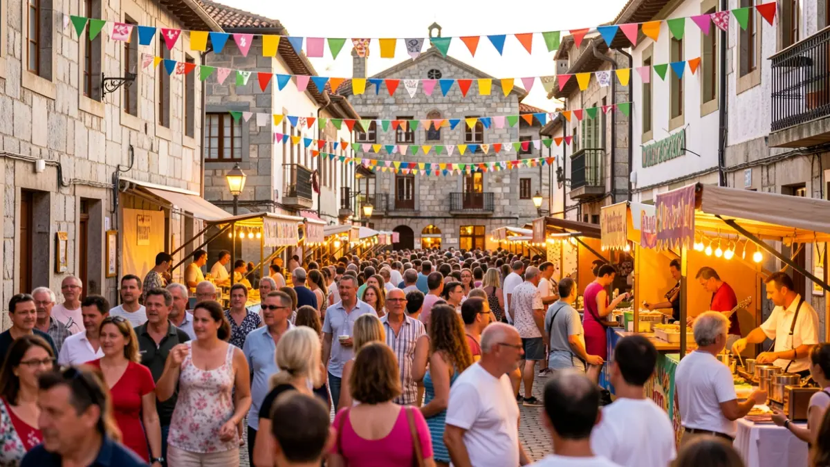 Imagen genérica de una calle gallega durante un festival de verano con gente, música y puestos de comida.