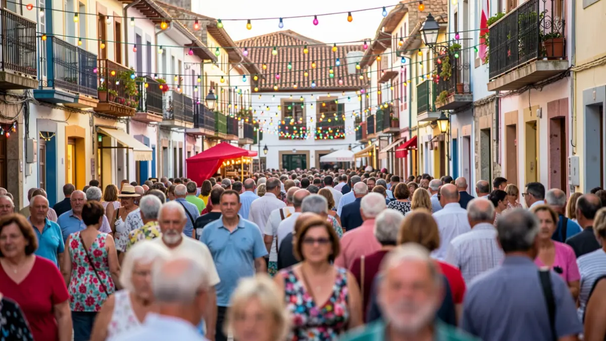 Imagen genérica de una fiesta popular en Galicia con gente y arquitectura tradicional.