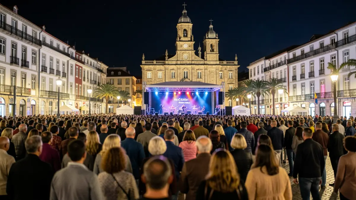 Imagen genérica de noche en la Plaza de María Pita, A Coruña, con un escenario y el Ayuntamiento iluminado.