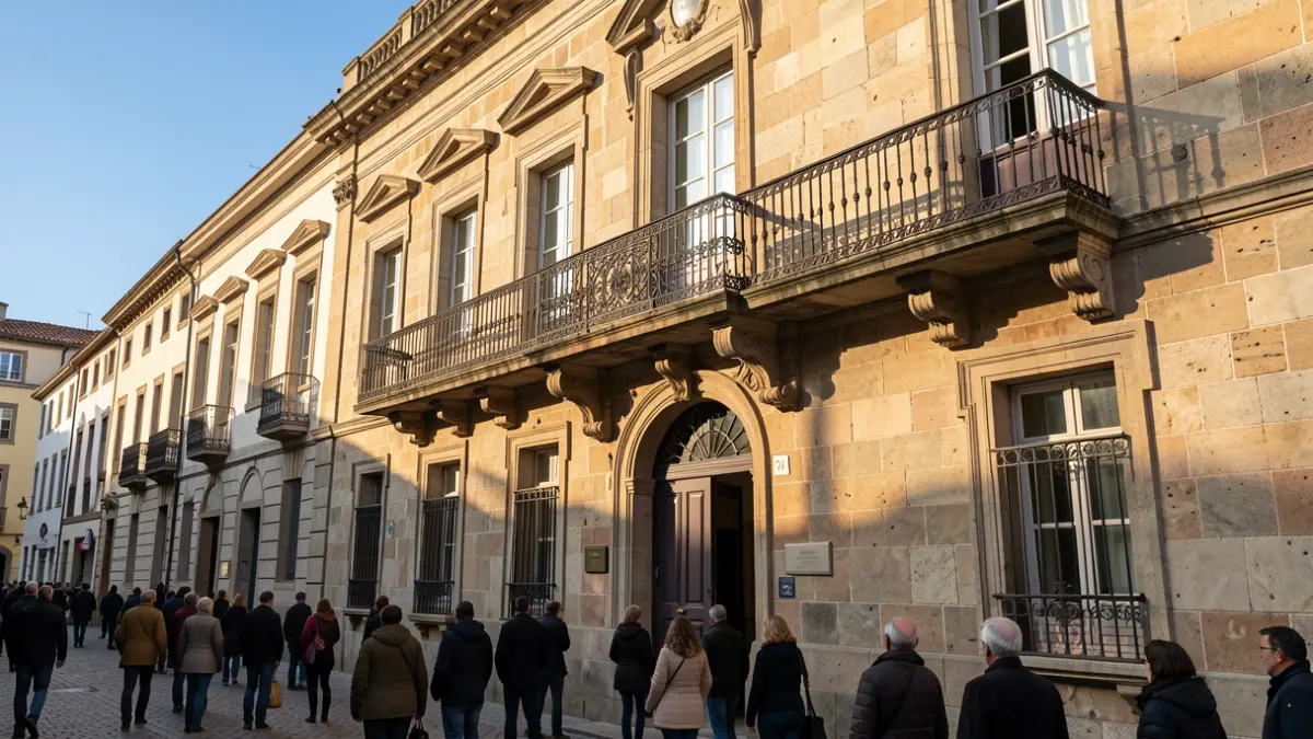 Imagen genérica de la fachada de un ayuntamiento de piedra con balcón ornamentado y barandillas de hierro, cálida luz solar de la tarde proyectando sombras en las paredes de arenisca, cielo azul.