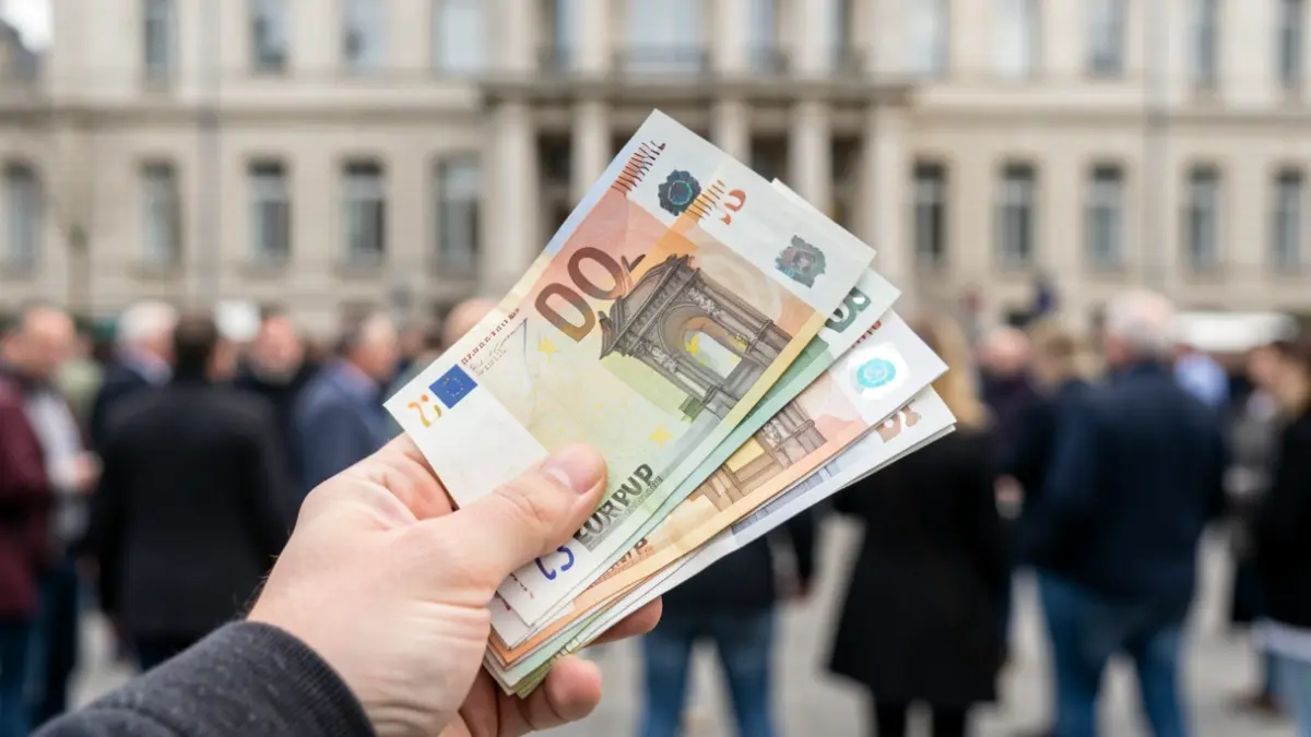 Primer plano de una mano sosteniendo billetes de euro, con un fondo desenfocado de un edificio gubernamental.