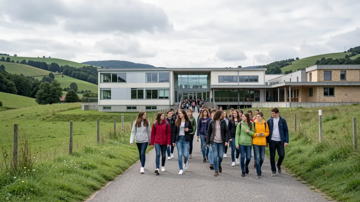 Imagen genérica de estudiantes caminando hacia un edificio educativo en Galicia.
