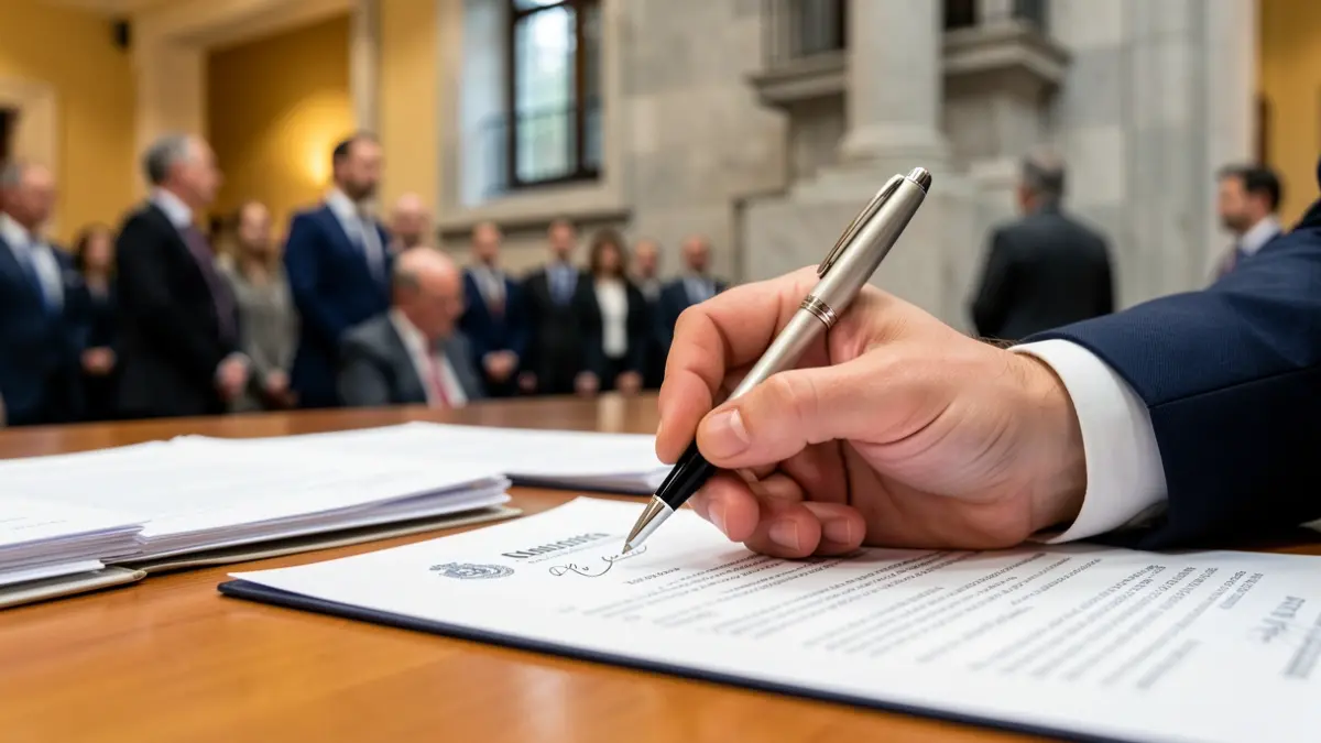 Primer plano de un documento oficial con una mano a punto de firmar.