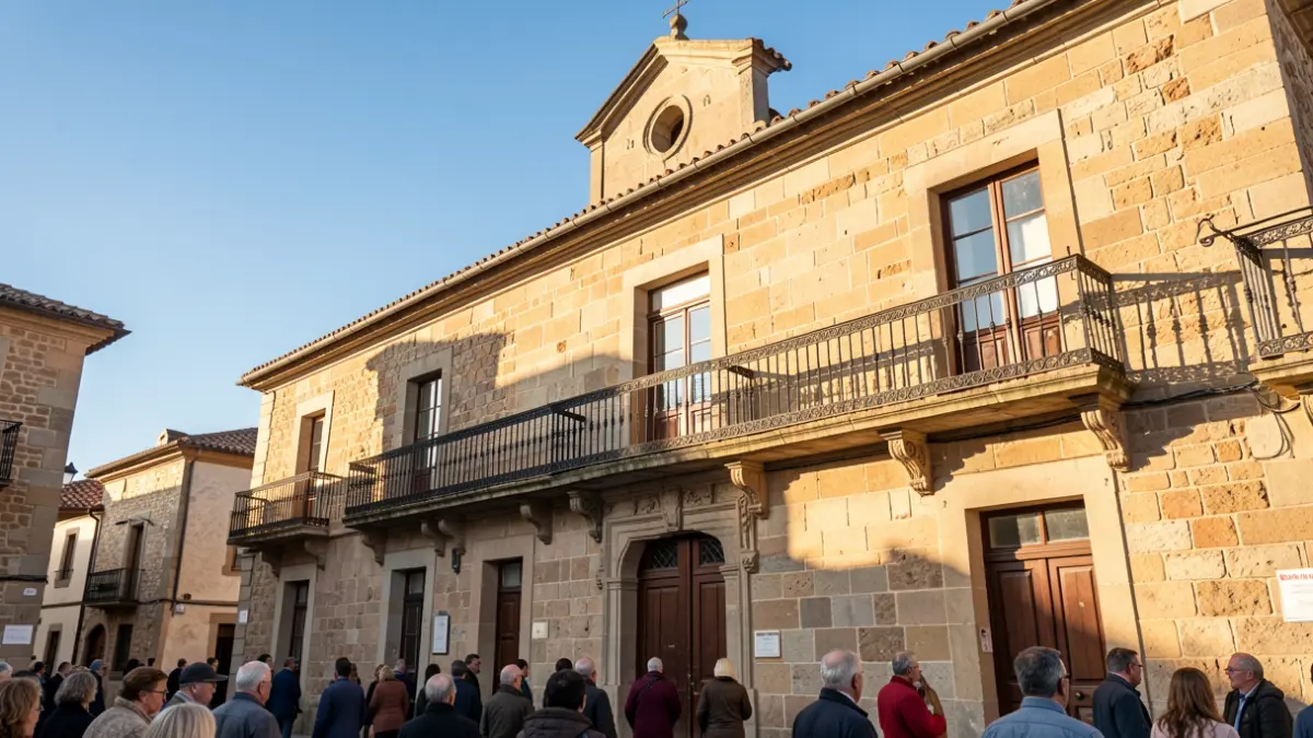 Imagen genérica de la fachada de piedra del Ayuntamiento de Baiona con balcón de hierro, bajo la luz del sol de la tarde.