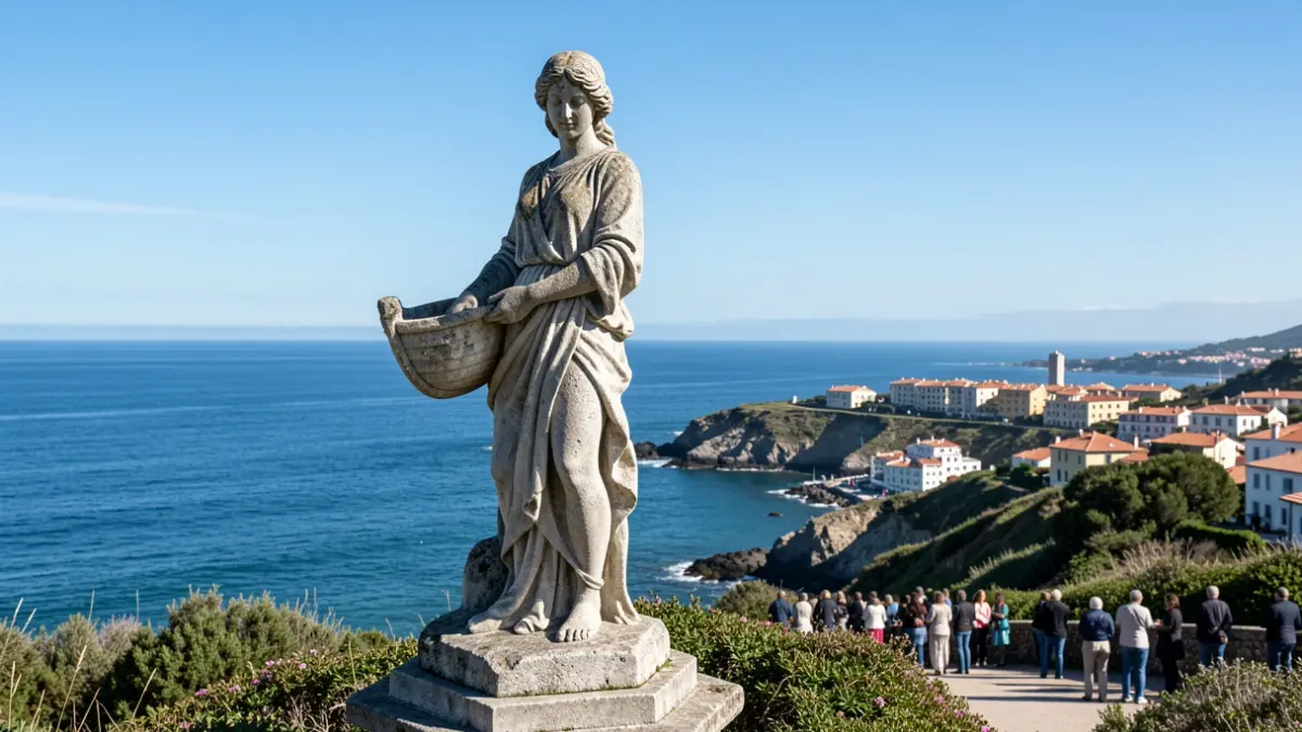 Imagen genérica de la Virgen de la Roca en Baiona, una escultura de piedra con un barco sobre el océano.