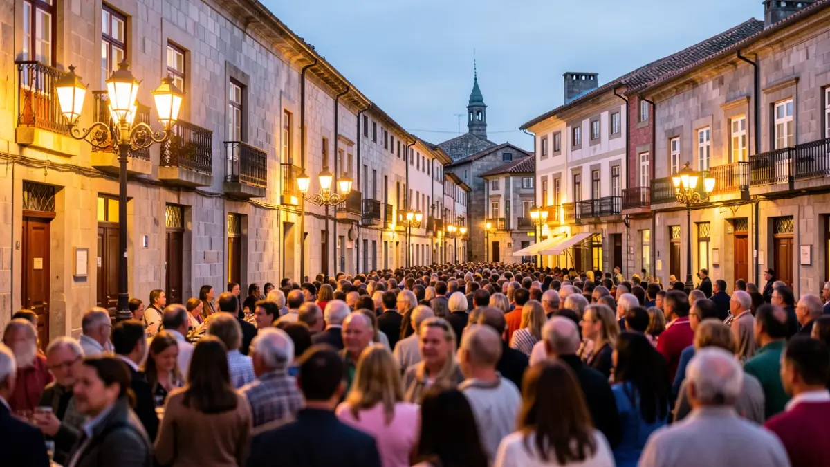 Imaxe xenérica dunha praza de Galicia con xente disfrutando dun concerto ao anoitecer.
