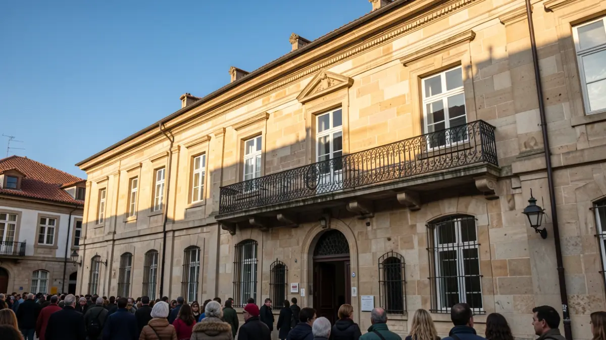 Imagen genérica de un ayuntamiento gallego con balcón y sol.