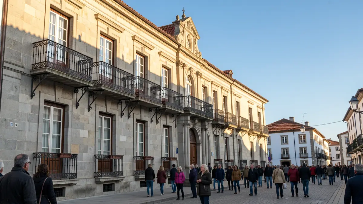 Fachada de un ayuntamiento de piedra en Baiona, Galicia, con balcones de hierro ornamentados y ventanas, bajo la luz del sol de la tarde.