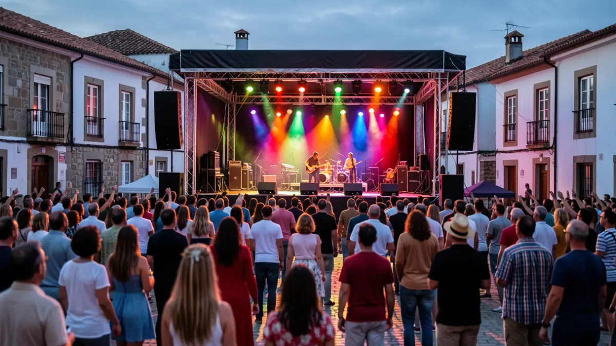 Imagen genérica de un festival de música al aire libre en una plaza gallega al atardecer.