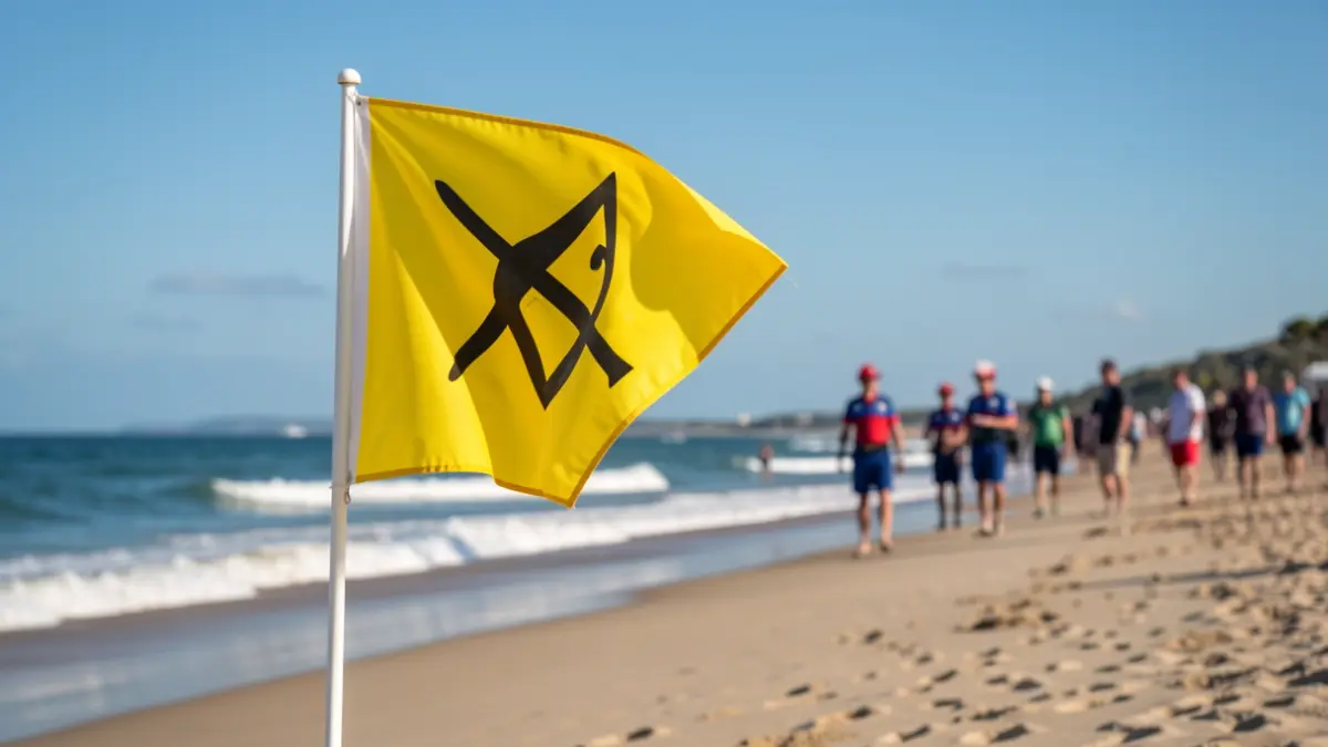 Bandeira amarela nunha praia de Galicia, advertindo da presenza de perigos mariños.