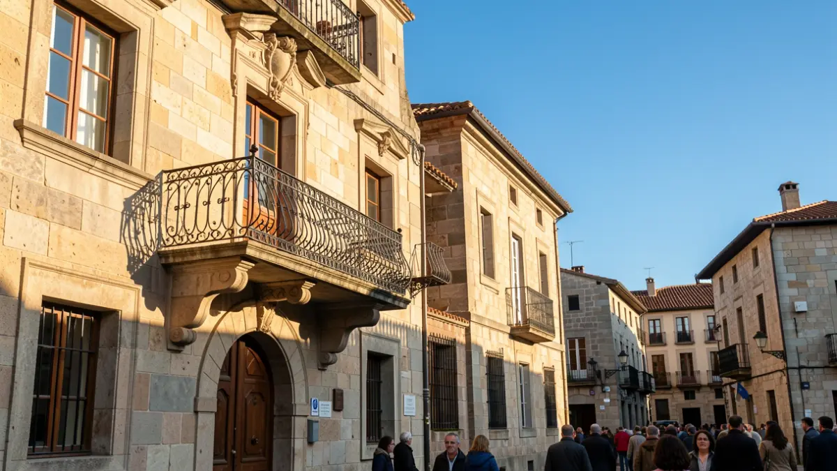 Imagen genérica de un ayuntamiento gallego con balcón y sol.