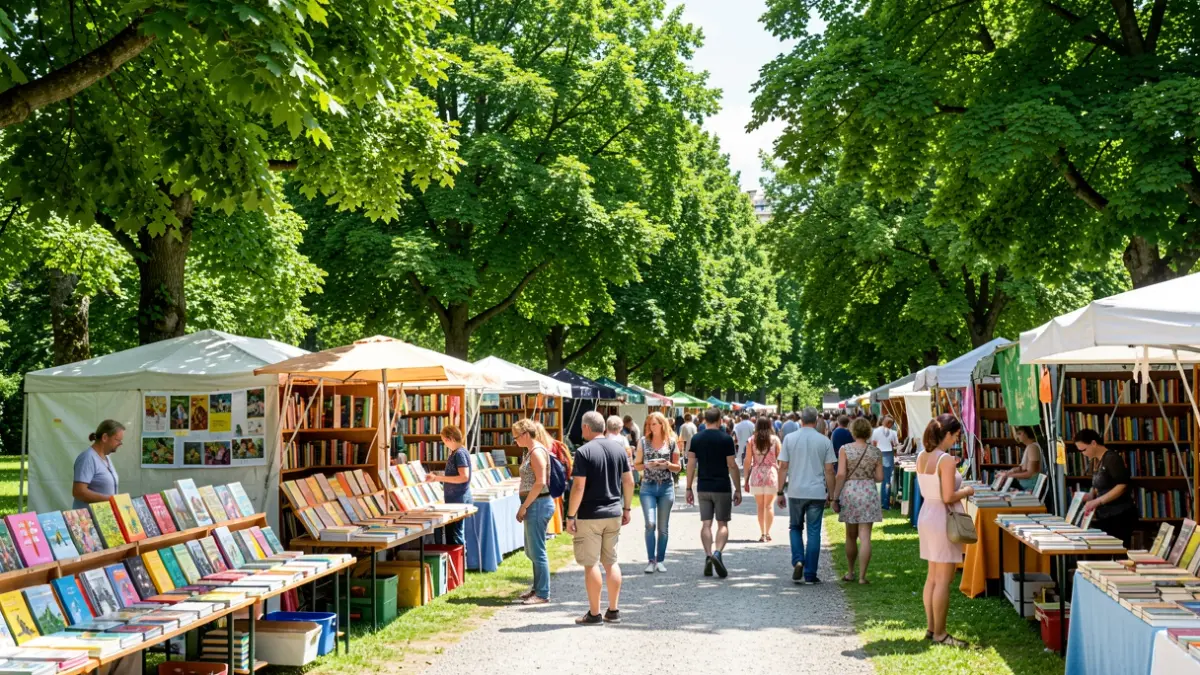 Imaxe dunha feira do libro ao aire libre nun parque con postos e xente.
