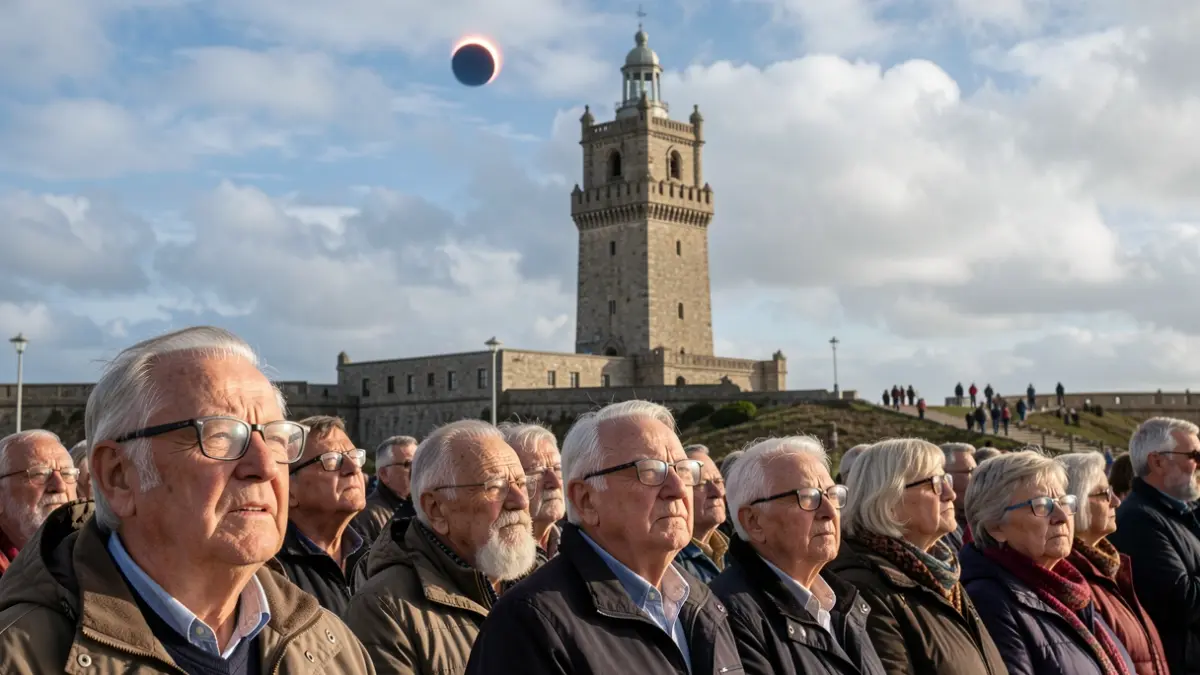 Personas mayores observando el eclipse solar cerca de la Torre de Hércules en A Coruña.
