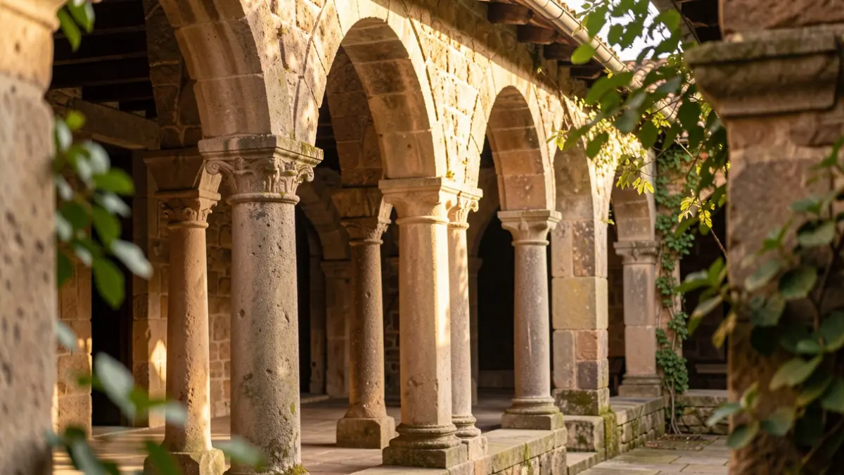 Imaxe xenérica do claustro de San Salvador en Bergondo, Galicia, con arcos de pedra e luz de tarde.
