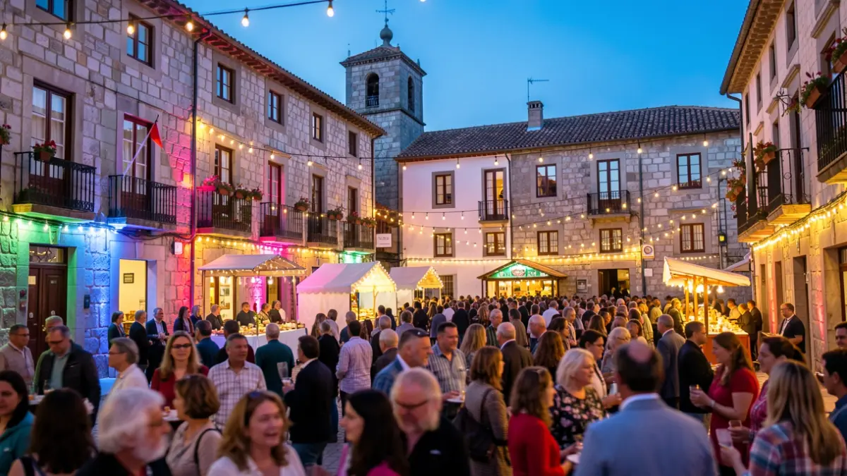 Imaxe xenérica dunha praza de vila galega con luces de festa e xente.