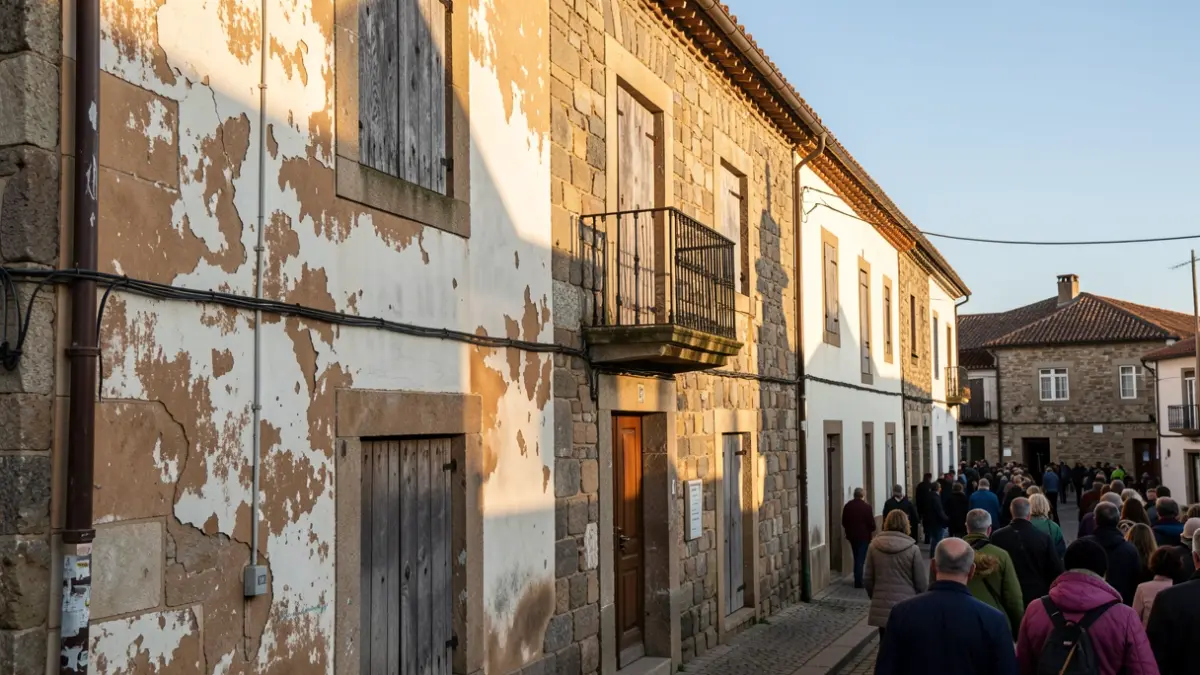 Imaxe dun edificio con sinais de deterioración no centro histórico de Betanzos.