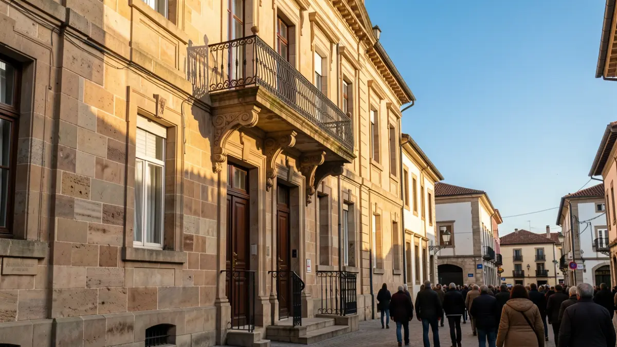 Imagen genérica de un ayuntamiento de piedra gallego con balcón ornamentado y barandillas de hierro, cálida luz solar de la tarde, cielo azul.