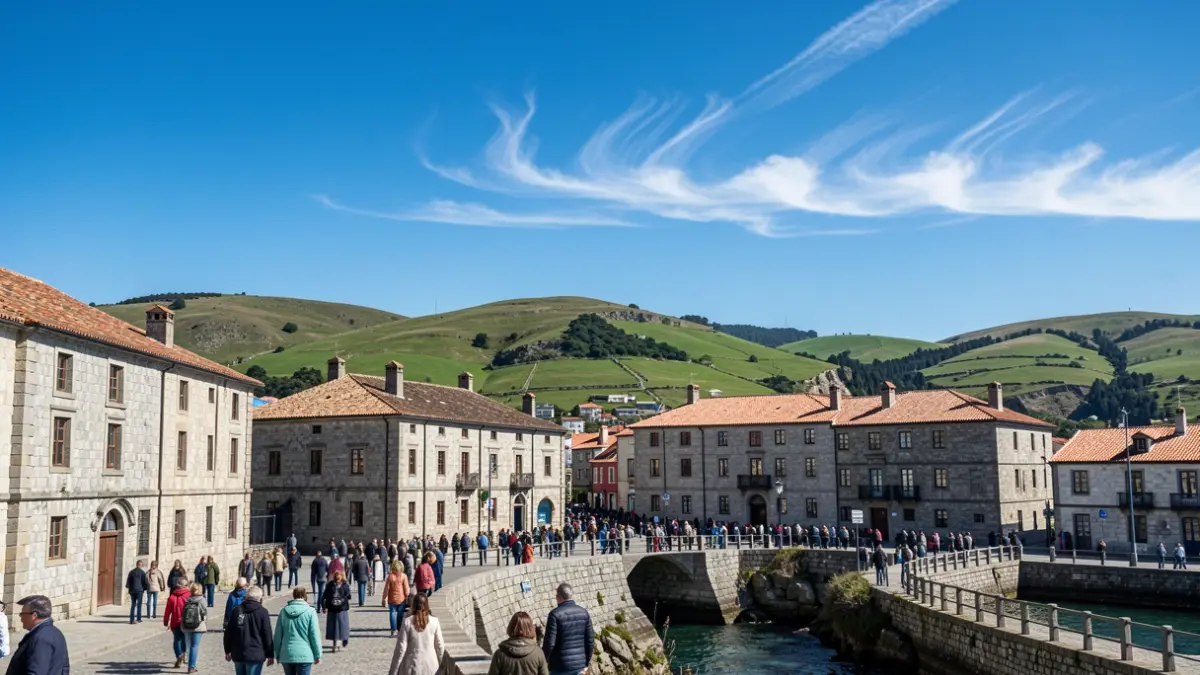Imagen genérica de un cielo despejado sobre una villa costera gallega con arquitectura de granito.