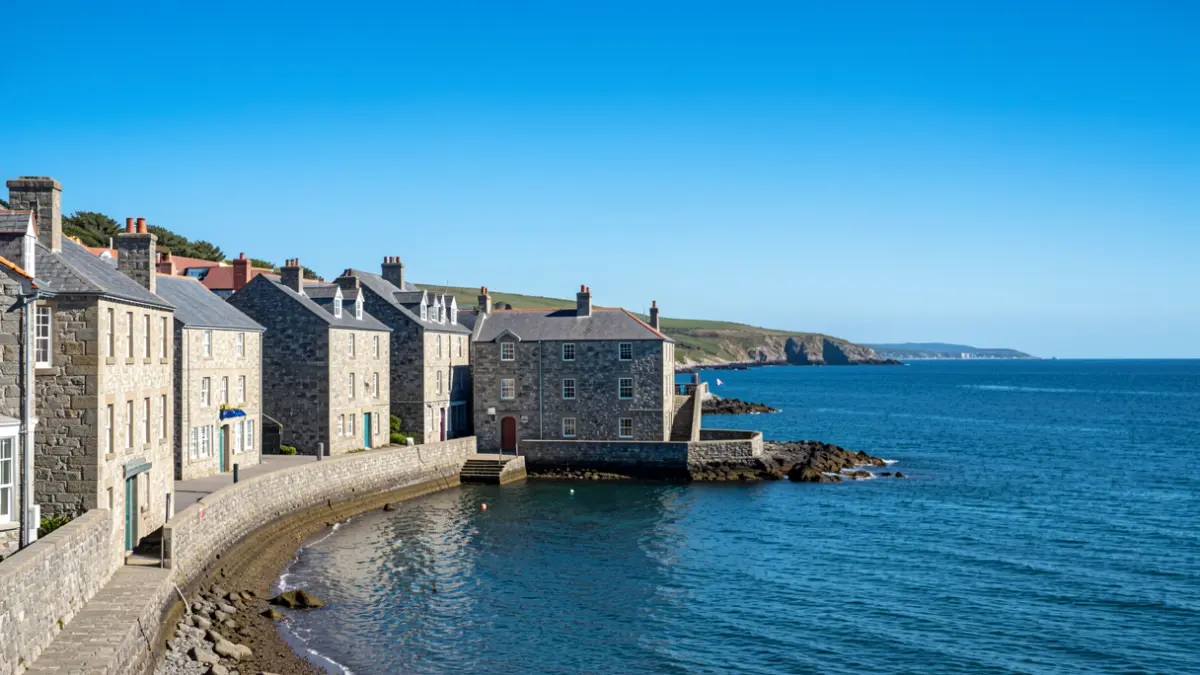 Cielo despejado sobre la villa costera de Porto do Son, Galicia, con casas de granito y mar en calma.