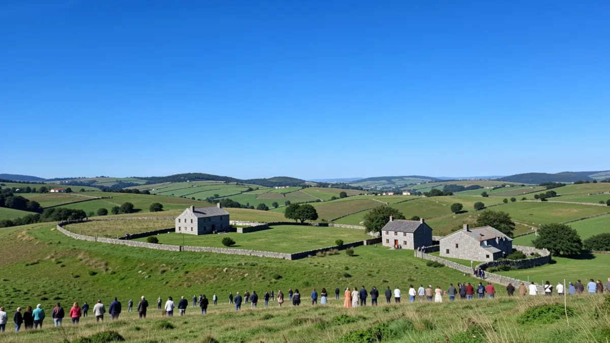 Imaxe xenérica dun ceo despexado sobre unha paisaxe galega con outeiros verdes e casas de granito.
