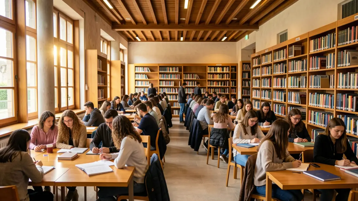 Imagen genérica de estudiantes gallegos de diversos orígenes reunidos en una biblioteca universitaria moderna en Santiago de Compostela.