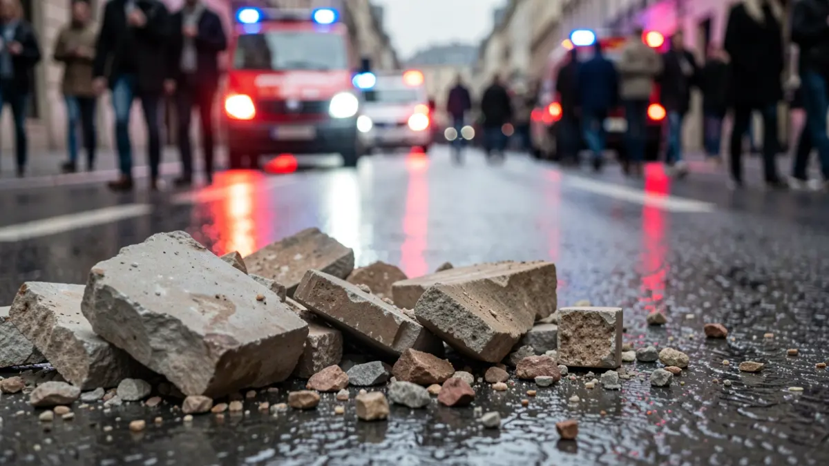 Imagen genérica de cascotes caídos en la calle con luces de emergencia.