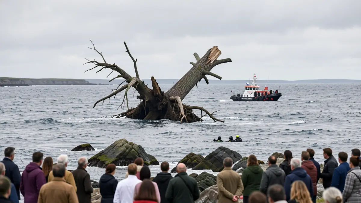 Imaxe dunha gran árbore flotando no mar preto da costa, cunha embarcación de rescate e mergulladores.