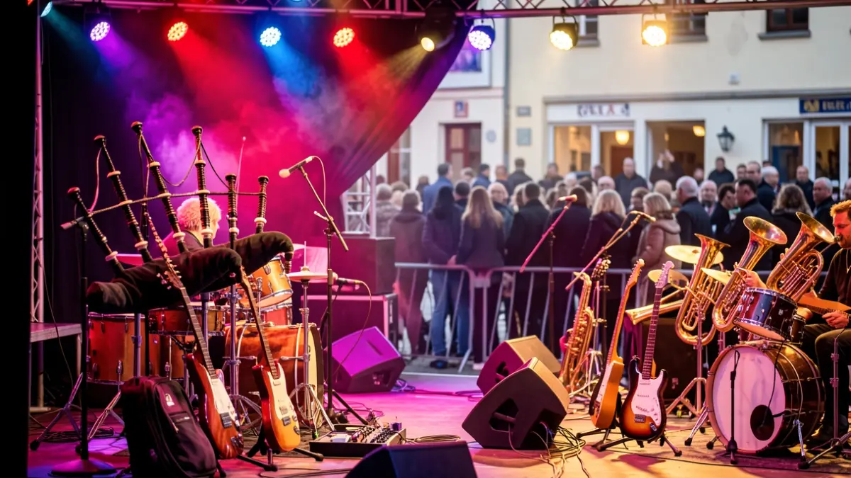 Imagen de un escenario festivo con instrumentos musicales como gaitas, guitarras eléctricas e instrumentos de banda, con luces de colores y público difuminado.