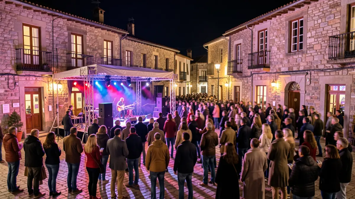 Imaxe xenérica dunha praza galega pola noite con escenario e público.