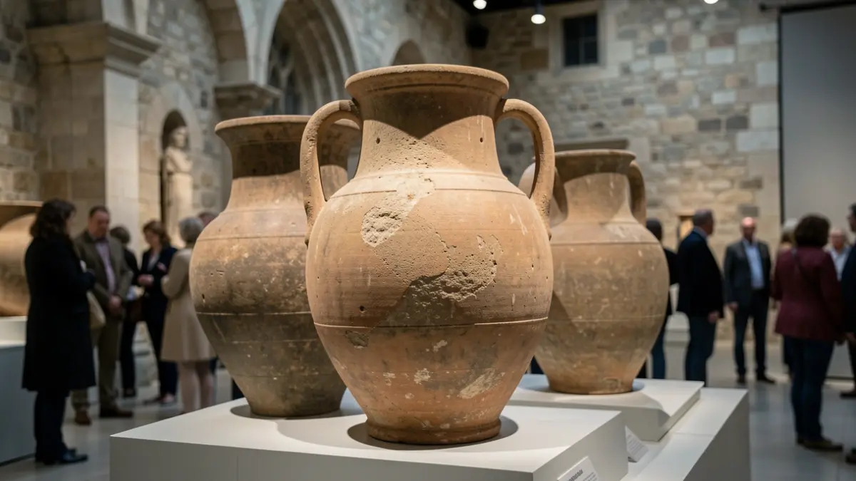 Imagen genérica de ánforas romanas en una sala de exposiciones moderna.